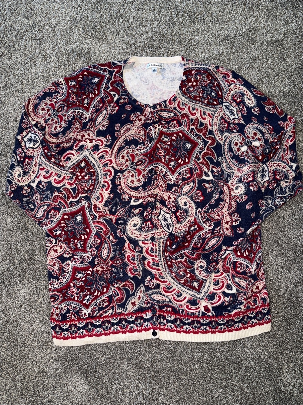 Croft & Barrow Navy, Red & White Paisley Cardigan Sweater. SIZE LARGE. WOMEN’S.